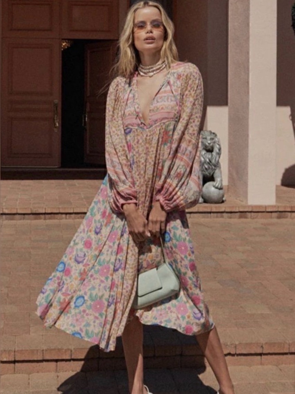 Spell Floral Midi Dress in Pink, Blue, Cream